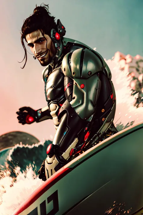 Highly detailed, High Quality, Masterpiece, beautiful, surfing, waves, <lora:Surfing-06:0.8>, 1boy, Jetstream Sam, facial hair, male focus, beard, cyborg, <lora:Char_MGR_JetstreamSam:0.8>, light smile, (detailed face and eyes:1.3)