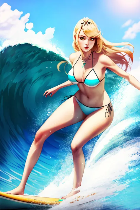 Highly detailed, High Quality, Masterpiece, beautiful, surfing, waves, <lora:Surfing:0.8>, 1girl, bikini, Mythra \(xenoblade\), Mythra:1.2, blonde hair, yellow eyes, long hair, <lora:Char_Xenoblade_PyraMythraPneuma:0.5>, (detailed face and eyes:1.3)