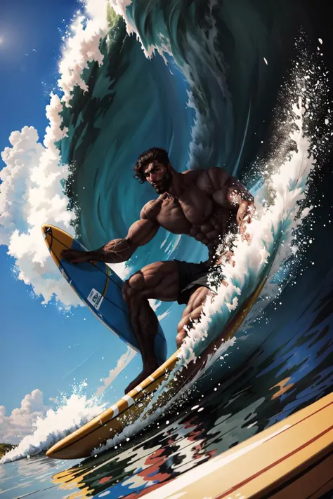 Highly detailed, High Quality, Masterpiece, beautiful, surfing, waves, <lora:Surfing:0.8>, 1boy, gigachad, <lora:Char_Sigmas_GigaChad:0.9>, (detailed face and eyes:1.3)