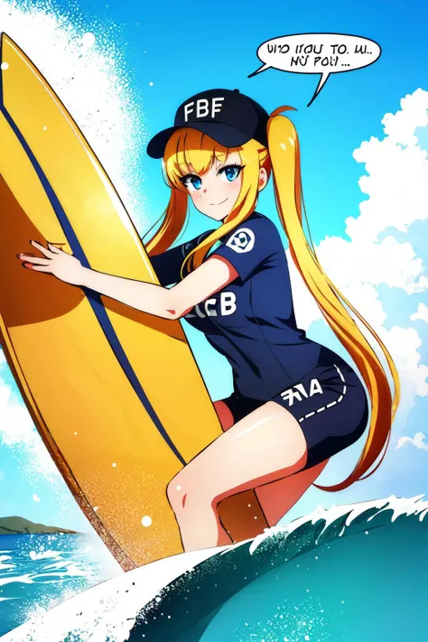 Highly detailed, High Quality, Masterpiece, beautiful, FBI-chan, blonde_hair, blue_eyes, english text, twintails, hat,<lora:Char_Meme_FBIchan:0.9>, surfing, waves, <lora:Pos_Surfing:0.8>