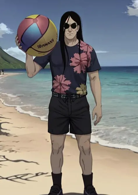 dethklok, nathan, long dark hair, hawaiian shirt, singlasses, full body, shorts, at the beach, holding a beach ball. (profiles:0.4),  <lora:Dethklok_Metalocalypse-000012:0.9>