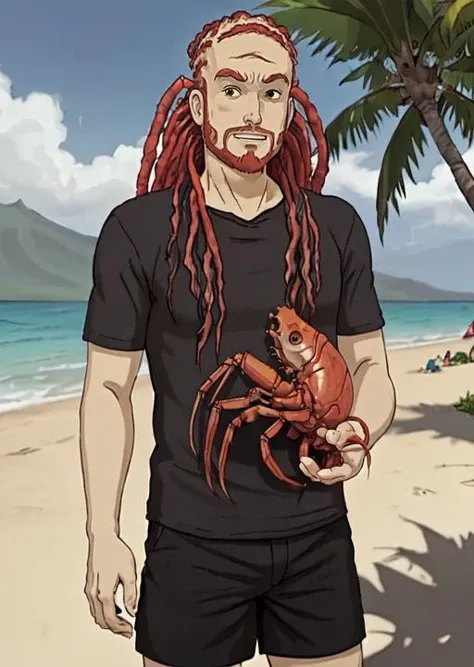 dethklok, pickles, dreadlocks, beard, hawaiian shirt, holding a lobster, upper body, shorts, at the beach, (profiles:0.4), <lora:Dethklok_Metalocalypse-000012:0.9>