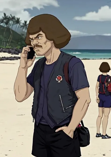 dethklok, murderface, short hair, hawaiian shirt, vest, on the phone, upper body, shorts, at the beach, (profiles:0.4),  <lora:Dethklok_Metalocalypse-000012:0.9>