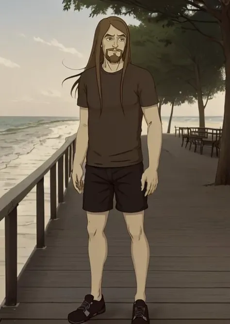 dethklok, toki, brown long hair, full body, shorts, on a boardwalk, short beard, hair in the wind, <lora:Dethklok_Metalocalypse-000012:0.9>