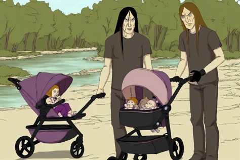 <lora:Dethklok_Metalocalypse-000013:0.9> dethklok, (toki) pushing a stroller in a park by a river