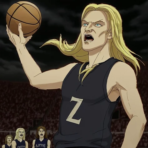 <lora:Dethklok_Metalocalypse-000013:0.9> dethklok, (skwisgaar), playing basketball