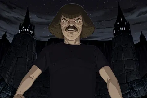 <lora:Dethklok_Metalocalypse-000013:0.9> dethklok, (murderface) in front of a stone castle at night, dark scene