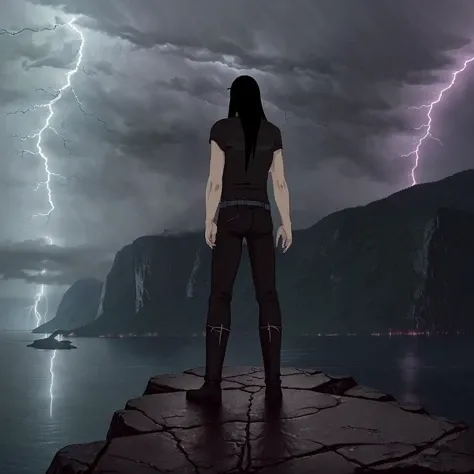 <lora:Dethklok_Metalocalypse-000013:0.9> dethklok, standing on the edge of a cliff overlooking a fjord in a thunderstorm, lightning, rain