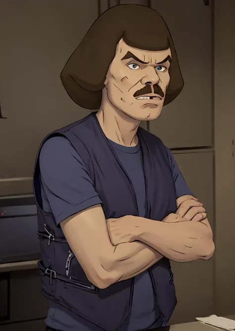 <lora:Dethklok_Metalocalypse:1> dethklok, solo, murderface, short hair, blue shirt, vest, looking at viewer, annoyed, looking to the left, (profiles:0.4), <lora:Dethklok_Metalocalypse-000012:0.9>