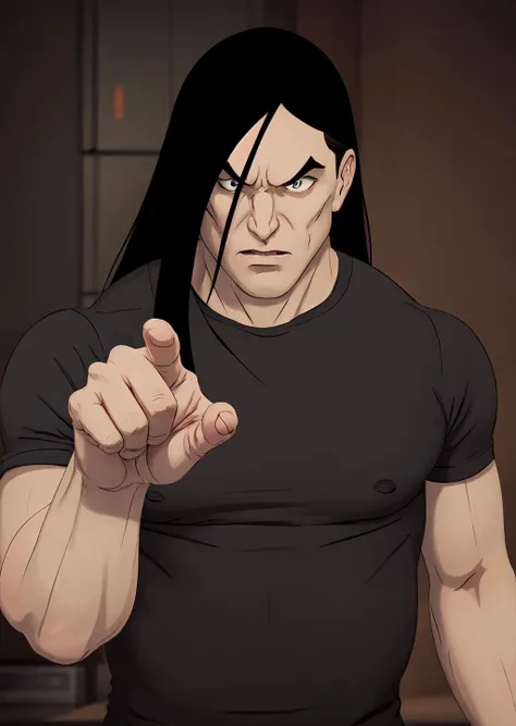 <lora:Dethklok_Metalocalypse:1> dethklok, nathan, long dark hair, black shirt, buff, muscles, pointing, (profiles:0.4), <lora:Dethklok_Metalocalypse-000012:0.9>