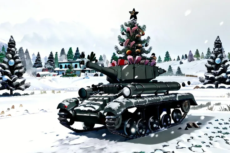 valentine tank, Xmas, ice covered, snow covered, neatly wrapped , with icicles, icicles, mistletoe, red tinsel, christmas tree, decorations, presents, reindeer,