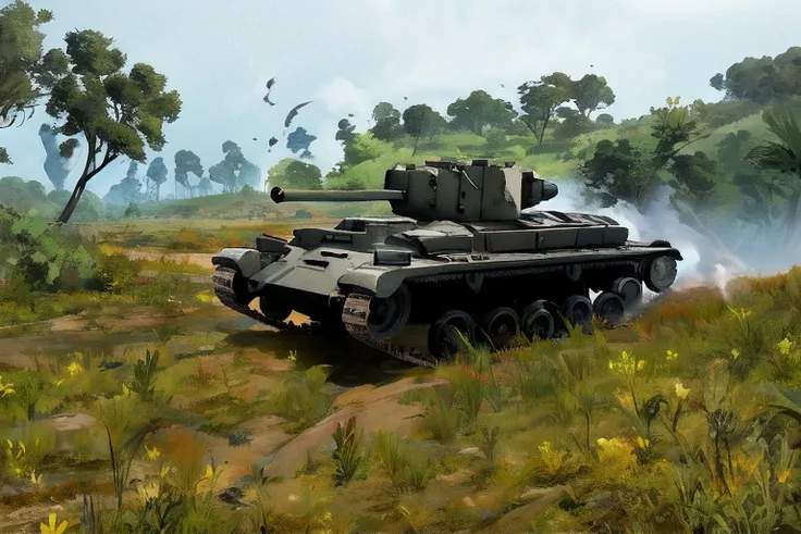 firefly tank, tank column, in the jungle, mud, fire, explosions, smoke, full color