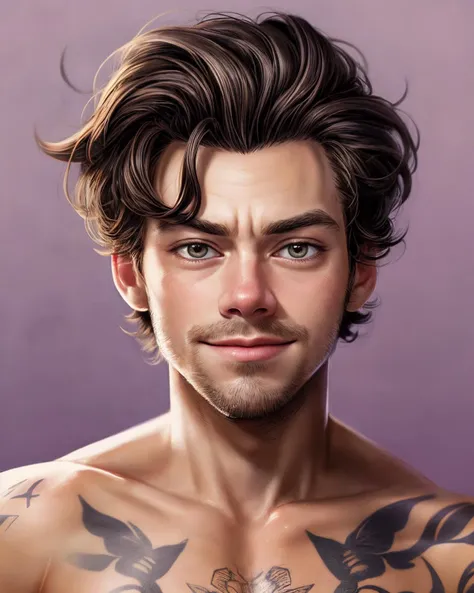 harryst, handsome man, closeup portrait, upper body, pixar style, smirk, sharp focus, absurdres, masterpiece, clean plain lavender background, (topless:1.1), dynamic pose, tattoos <lora:add_detail:1> <lora:diffusiondudes_HarryStyles_V1-08:0.8>