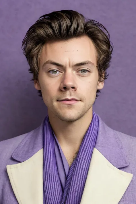 harryst, handsome man in front of (clean plain lavender background:1.1), one model, studio portrait, medium close-up, detailed skin, pores, goosebumps, scaled skin, sony alpha, advertising photography, bright high-key lighting, professional headshot, smirk <lora:diffusiondudes_HarryStyles_V1-08:0.8>