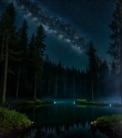 High quality, Ultra high definition, 8k, hdr, masterpiece, volumetric lighting, Beautiful, forest, water, stars, foggy, fireflies, (((night,dark scene, dim lit))), highres