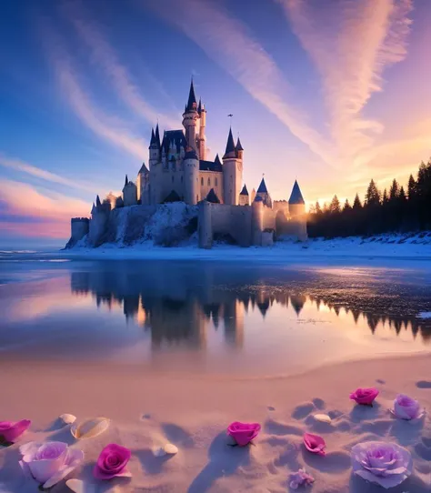 castle, flowers, delicate scene, sky,white clouds,and sunlight shine on the snow-white beach. flowers roses and shiny large shells, diamond crystal, on the beach, fantasy, sky night , moon, smoke , fire, photo, HD, 8K ,