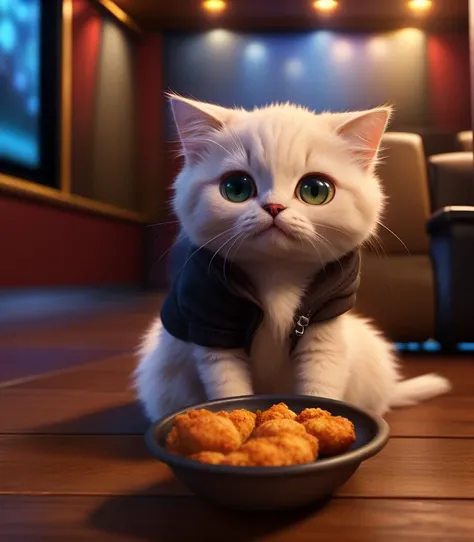 Cute small cat sitting in a theater eating chicken wiggs watching a movieeal engine, cozy indoor lighting, artstation, detailed, digital painting,cinematic,character design by mark ryden and pixar and hayao miyazaki, unreal 5, daz, hyperrealistic, octane render
