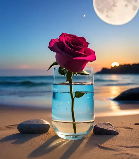 waning moon. flowers roses, stones transparent and diamond crystal in water, on the beach, fantasy, smoke , photo, HD, 8K ,