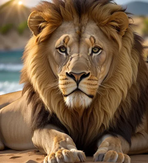 In this high-definition and incredibly realistic image, we find a majestic lion in a paradisiacal setting. The image is captured in stunning 8K resolution, allowing for an exceptional level of detail and realism.