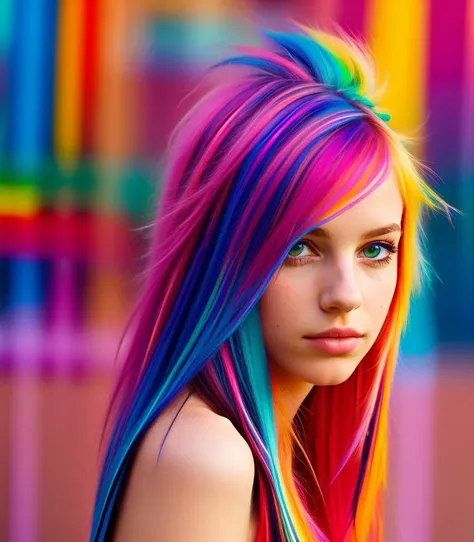 mksks style, masterpiece, best quality, 1girl, solo, (colorful, abstract, multicolored hair, streaked hair:1.2), looking at viewer, depth of field,