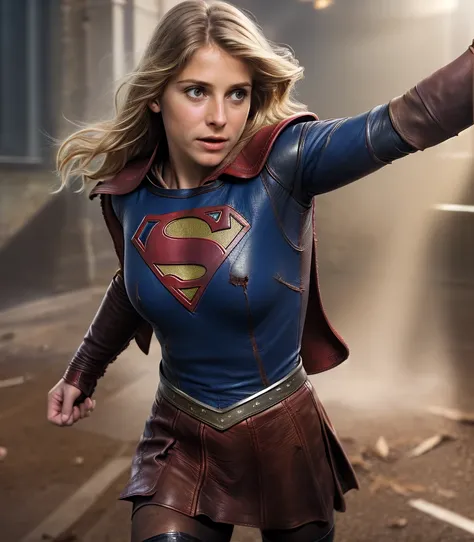 a Photo of (young Helen Slater) supergirl, photo, HD, 8k, flying, photo, realistic.action shot, skin pores, very dark lighting, photorealistic, realistic, dramatic, dark, sharp focus, 8k), (weathered damaged old worn leather outfit:1.4), legs, boot, skirt red, cape red, buildings