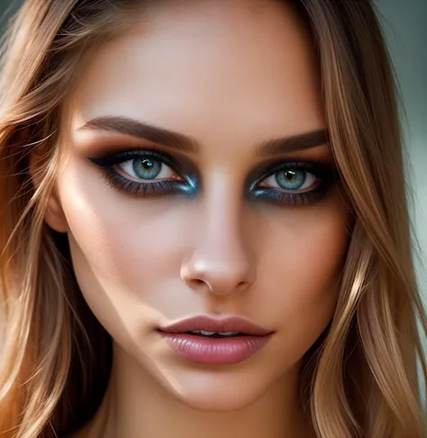 A woman is the focal point of the photograph, her presence both captivating and enigmatic. Her eyes are adorned with captivating eye shadow, accentuating their beauty and depth. The pupil shines with a mesmerizing luminosity, drawing the viewer into her gaze.