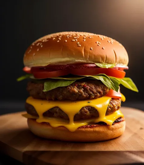 product shot of ultra realistic juicy cheeseburger against a dark background, two tone lighting, advertisement, octane, unreal