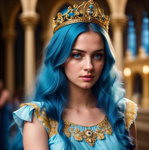 princess, hair blue, in dress blue ornate gold ((realism)), extremely high quality RAW photograph, ultra detailed photograph, sharp focus, high resolution, high quality, film grain, Fujifilm XT3,Highly Detailed, , (Cinematic Photo:1.3) of (Realistic:1.3),Photorealism, (Magical Photo:1.3)