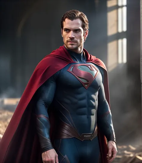 Henry cavill superhero, cape long red, upper body, cinematic, , grain movie3s)1boy, building destroyed , realistic , (8k, RAW photo, best quality, masterpiece:1.2), (realistic, photo-realistic:1.33), best quality, detailed eyes blue, cute,natural lighting, depth of field, film grain, wrinkled skin, sharp,