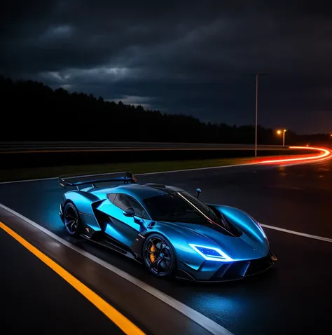 armored heavy hypercar, light trail, night, rain, reflections