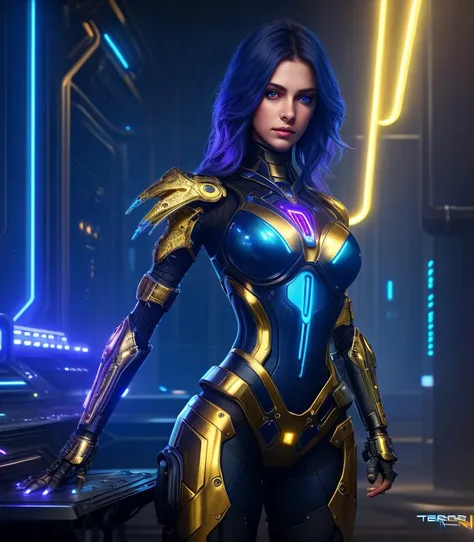 Cybernetic iron female and blue dragon near her with gold inserts on the cover in cyberpunk style with neon illumination, shoulders bare : Black Ink Flow: 8k photorealistic masterpiece, intricately detailed liquid gouacheintricately detailed, complex, elegant, expansive, fantasy background <lora:4x_RealisticRescaler_100000_G:1> <lora:epiNoiseoffset_v2:1>