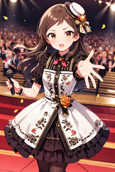 masterpiece, best quality, 
kitazawa shiho, chocoliere rose, 1girl, microphone, brown hair, brown eyes, long hair, open mouth, confetti, music, looking at viewer, sweat, mini hat, singing, blush, solo, stage, glowstick, jewelry, floral print, one side up, outstretched arm, holding microphone, solo focus, dutch angle, audience, puffy short sleeves, sparkle, yellow rose, lens flare, frills, crowd, tilted headwear, pantyhose, wrist cuffs, brooch, stage lights, indoors, rose print, wristband, outstretched hand, bracelet, v-shaped eyebrows, mini top hat, concert, ascot, red ribbon, vertical stripes, :o, buttons, black skirt, glint, standing, swept bangs, floating hair, black legwear, striped shirt, sweatdrop, spotlight, red carpet, black dress, white headwear, smile, vertical-striped shirt, hat flower, frilled dress, dancing, print dress, parted bangs, cowboy shot, hair ribbon, vertical-striped dress, brown dress, collared dress, instrument, reaching out, petals, frilled skirt, collared shirt, black shirt, striped clothes, white dress, red neckwear, hat ribbon
<lora:kitazawa_shiho_locon_v1:0.8>