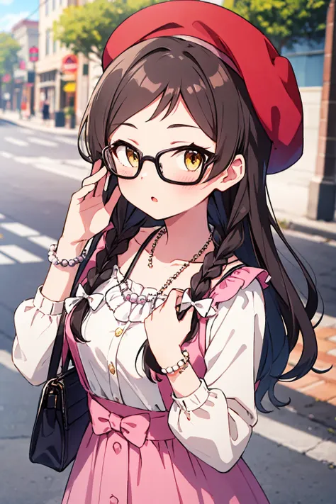 kitazawa shiho, shygirl, 1girl, solo, long hair, jewelry, brown eyes, twin braids, beret, bracelet, blush, adjusting eyewear, looking at viewer, handbag, black hair, red headwear, black-framed eyewear, pink dress, brown hair, bespectacled, pearl necklace, long sleeves, :o, hair bow, open mouth, collarbone, shoulder bag, white bow, bangs, eyebrows visible through hair, cowboy shot, standing, parted lips, pearl bracelet, medium breasts, hands up, hair over shoulder, hair ribbon, side braid, beads, buttons, sleeveless dress, pink bow, bead bracelet, bead necklace, flower bracelet, white shirt, upper body, tress ribbon, yellow shirt, yellow eyes, wristband, eyebrows, outdoors, street
<lora:kitazawa_shiho_locon_v1:0.7>