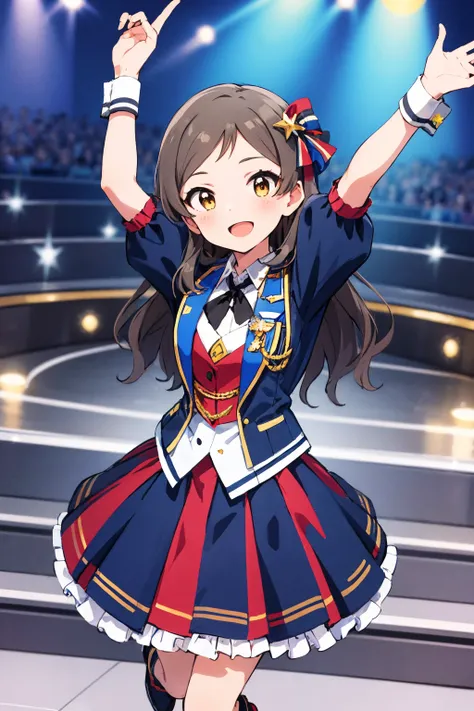 kitazawa shiho, royal starlet, 1girl, brown eyes, solo, long hair, smile, open mouth, looking at viewer, arms up, stage, brown hair, :d, black hair,  wrist cuffs, standing, white legwear, wristband, star hair ornament, dress, blush, frilled skirt, standing on one leg, frills, stage lights, black neckwear, puffy short sleeves, vest, aiguillette, white shirt, hair bow, blue skirt, leg up, blue jacket, collared shirt, ribbon, outstretched arms, blurry background, grey hair, hairclip, \o/, yellow eyes, black footwear, red skirt, jewelry, multicolored clothes, dress shirt, dancing, multicolored skirt, cowboy shot, pleated skirt, knee boots, wing collar, bracelet, badge, swept bangs, one side up, head tilt
<lora:kitazawa_shiho_locon_v1:0.7>