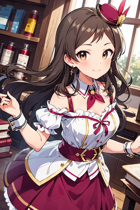 masterpiece, best quality, 
kitazawa shiho, tenderly proud, 1girl, long hair, brown eyes, hat, jewelry, brown hair, smile, earrings, solo, book, wrist cuffs, belt, looking at viewer, bookshelf, bare shoulders, blush, detached collar, flask, one side up, bottle, test tube, water, jar, potion, frills, mini hat, indoors, library, black hair, vial, dutch angle, dress, detached sleeves, holding, beaker, red skirt, sparkle, shelf, swept bangs, liquid, window, ed headwear, erlenmeyer flask, round-bottom flask, paper, magic, ribbon, ink, hat feather, collarbone, open book, floating hair, bubble, floating, lens flare, cup, puffy short sleeves, alchemy, off shoulder, closed mouth, parted bangs, red neckerchief, breasts, night
<lora:kitazawa_shiho_locon_v1:0.7>