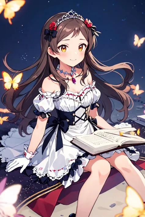 masterpiece, best quality, 
kitazawa shiho, princess story, 1girl, solo, book, bug, brown hair, tiara, smile, jewelry, white gloves, white dress, sitting, brown eyes, bare shoulders, red flower, open book, holding book, red rose, hair flower, blush, glowing, yellow eyes, collarbone, star \(sky\), detached sleeves, cleavage, medium breasts, closed mouth, black bow, strapless dress, off-shoulder dress, starry sky, floating, off shoulder, depth of field, reading, glowing butterfly, feet out of frame, blurry foreground, space, looking at viewer, frills, pearl necklace, knees together feet apart, black ribbon, swept bangs, yellow butterfly, hair ribbon, ankle ribbon, grimoire, starry background, lace trim, lace-trimmed dress, white butterfly, night sky, crown, very long hair, magic, gem, puffy short sleeves, night, plant, light particles, orange eyes, frilled gloves, dutch angle, frilled dress, lace-trimmed gloves, light smile, floating object, red bow, from above, bracelet, red ribbon, small breasts, hair bow, invisible chair, parted bangs, looking away, floating hair, vines, leg ribbon, white sleeves, layered dress, dress bow, sleeveless dress, musical note, wrist cuffs, short dress, looking at object, light blush
<lora:kitazawa_shiho_locon_v1:0.8>