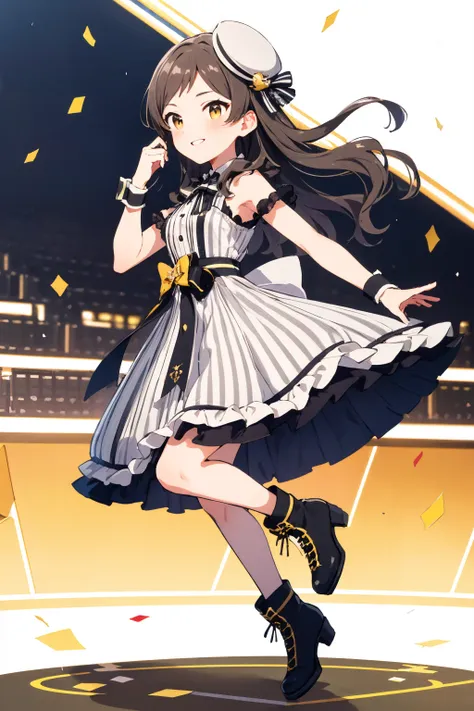 kitazawa shiho, secret pride, 1girl, solo, long hair, smile, brown eyes, brown hair, star \(symbol\), wrist cuffs, blush, black hair, grey dress, black neckwear, vertical-striped dress, black bow, vertical stripes, high heel boots, crescent, frills, white footwear, sleeveless dress, grin, looking to the side, looking away, white outline, hand up, sparkle, parted lips, wristband, striped dress, black ribbon, short sleeves, yellow eyes, neck ribbon, ankle boots, white dress, jewelry, teeth, grey footwear, buttons, looking up, frilled dress, eyebrows visible through hair, back bow, floating, black footwear, arm up, hair ornament, vertical-striped skirt, medium breasts, bare arms, see-through sleeves, gem, bare legs, open mouth, sash, knees together feet apart, belt, see-through skirt, swept bangs, pleated dress, waist bow, braided bangs, confetti, bare shoulders, wavy hair, layered dress, grey bow, grey skirt, striped clothes, two-tone dress, black bowtie, vertical-striped clothes, dot nose, multicolored clothes, dress bow, mini hat, beret, tilted headwear, white headwear, hat bow, hat ribbon, hat ornament, stage, stage lights
<lora:kitazawa_shiho_locon_v1:0.7>