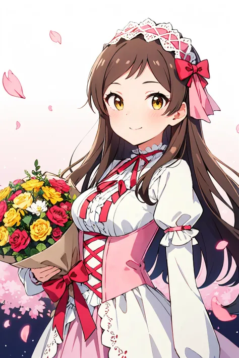 kitazawa shiho, sublime glow, 1girl, solo, brown hair, brown eyes, smile, pink hairband, frilled hairband, looking at viewer, petals, white dress, frills, long sleeves, blush, bouquet, medium breasts, holding flower, puffy sleeves, very long hair, choker, upper body, frilled dress, headdress, neck ribbon, hair bow, arm ribbon, closed mouth, bangs, pink bow, red ribbon, pink ribbon, light particles, red bow, lace, white flower, frilled sleeves, yellow eyes, pink dress, cross-laced clothes, layered sleeves, flower field, hair ribbon, standing, petals
<lora:kitazawa_shiho_locon_v1:0.7>