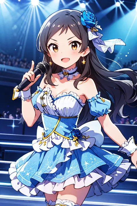 1girl, kitazawa shiho, crescendo glitter, brown hair, brown eyes, jewelry, smile, open mouth, thighhighs, hair flower, microphone, looking at viewer, stage, :d, detached sleeves, stage lights, star \(symbol\), wrist cuffs, blue dress, white legwear, frills, star earrings, bare shoulders, ring, index finger raised, medium breasts, blush, blue flower, frilled dress, star hair ornament, cleavage, music, solo focus, collarbone, singing, pointing, very long hair, strapless dress, skirt, hair bow, blue hair, wavy hair, frilled choker, hand on own chest, two side up, standing, parted bangs, v-shaped eyebrows, hair ribbon, single thighhigh, spotlight, sleeveless, detached collar, dancing, blue rose,  zettai ryouiki
<lora:kitazawa_shiho_locon_v1:0.7>