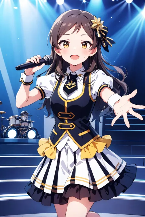 kitazawa shiho, parfait noir, 1girl, brown hair, microphone, long hair, solo, open mouth, brown eyes, smile, wrist cuffs, stage, looking at viewer, blush, :d, hair bow, outstretched arm, stage lights, holding microphone, sweat, yellow eyes, music, frilled skirt, star hair ornament, singing, sweatdrop, sparkle, outstretched hand, puffy short sleeves, standing, leg up, standing on one leg, black neckwear, white skirt, white shirt, short necktie, wristband, layered skirt, black footwear, cowboy shot, reaching out, pleated skirt, black vest, striped skirt, glowstick, one side up, hair ribbon, spotlight, miniskirt, eyebrows visible through hair, collared shirt, dress, arm up, black bow, vertical-striped skirt
<lora:kitazawa_shiho_locon_v1:0.7>