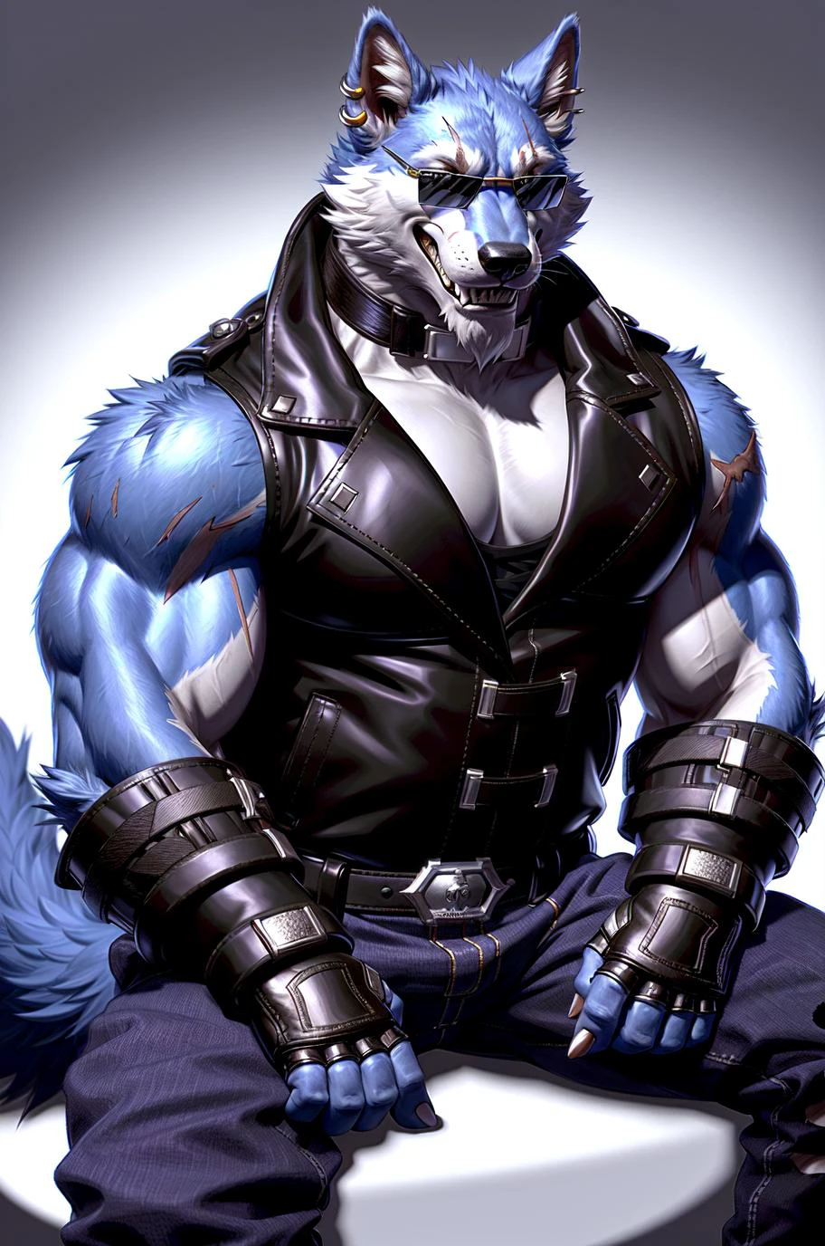 (by taran fiddler), (by darkgem:0.8), (by chunie:1), masterpiece,
(clothes), portrait, seductive, looking at viewer, smile, grin, (freddy), wolf, blue fur, freddy sunglasses, male, solo, anthro, ear piercing, jacket, eye scar, (big muscles), (big pecs), gloves, vest, (big fluffy tail:1.2), sitting,
(detailed night hellish background), <lora:add_detail:0.3>, <lora:LoraFreddyBY_freddy:1>