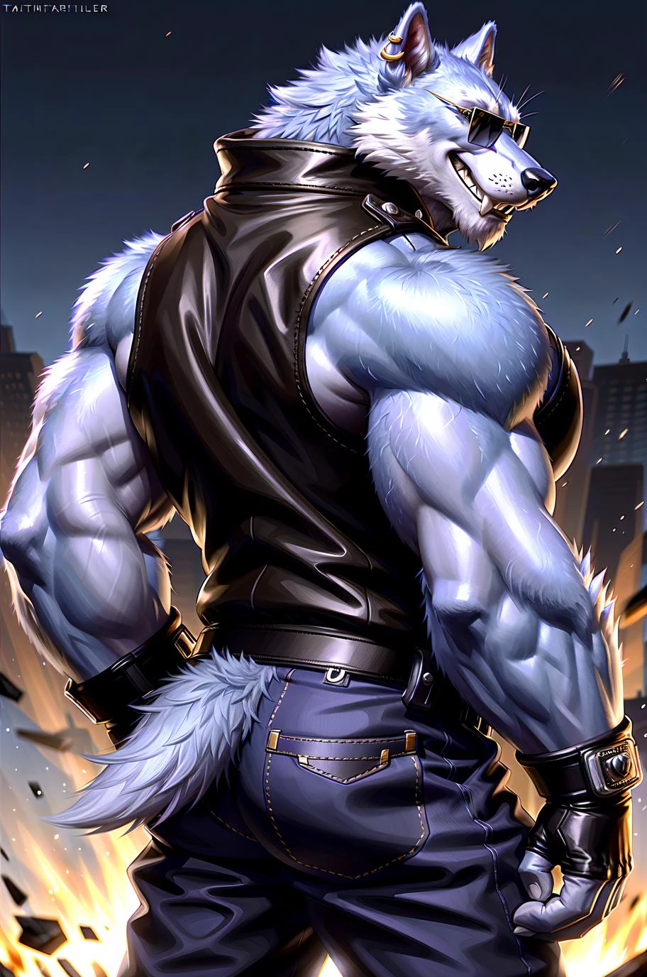(by taran fiddler), (by darkgem:0.8), (by chunie:1), masterpiece,
(clothes), portrait, seductive, looking at viewer, smile, grin, (freddy), wolf, blue fur, freddy sunglasses, male, solo, anthro, ear piercing, jacket, eye scar, (big muscles), (big pecs), gloves, vest, (looking back, back view), (big fluffy tail:1.2),
(detailed night hellish background), <lora:add_detail:0.3>, <lora:LoraFreddyBY2_freddy:1>