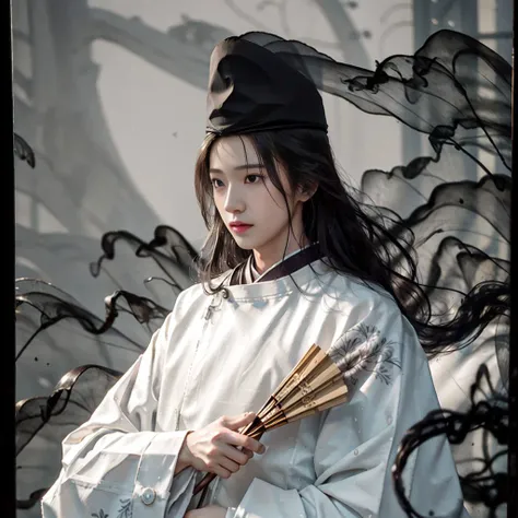 masterpiece, best quality, 1boy, male focus, hat, solo, kariginu, folding fan, japanese clothes, (kbxll:0.6), <lora:fujiwaranosai:0.7>, In Japanese architecture, go, <lora:pomo_v001:1>, POMO_BG, translucent,