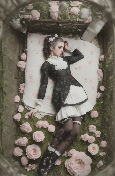 cr1m3, (1girl:1.4) highly detailed photograph (full_body:1.5) beautiful ([supermodel:goth:30]:1.3), haute_couture fashion shoot, vogue, high fashion, fashion_model, beautiful outdoors fashion shoot, highly detailed, long lace gowns, beautiful flowers, in the style of alphonse mucha, pink roses, moss, dirt, beautiful scene, garden scene, white lace, lush flower landscape, beautiful