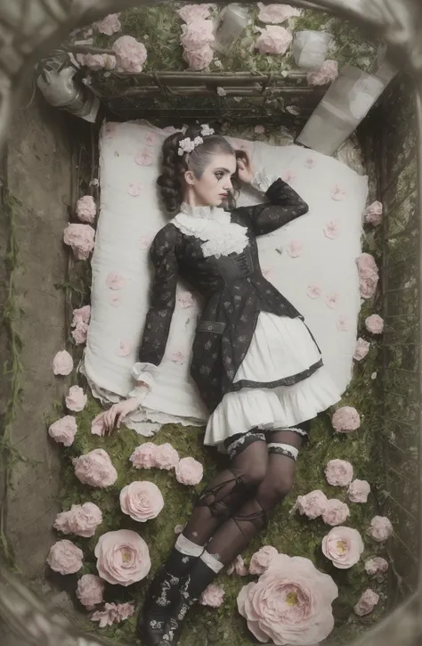 cr1m3, (1girl:1.4) highly detailed photograph (full_body:1.5) beautiful ([supermodel:goth:30]:1.3), haute_couture fashion shoot, vogue, high fashion, fashion_model, beautiful outdoors fashion shoot, highly detailed, long lace gowns, beautiful flowers, in the style of alphonse mucha, pink roses, moss, dirt, beautiful scene, garden scene, white lace, lush flower landscape, beautiful