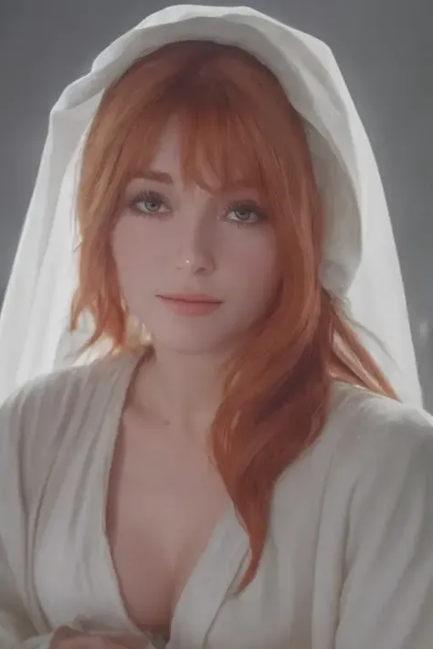 close up of a ginger woman in a stunning white robe, <lora:sh4rr0nt4t3:1>, in a dark medieval forest, foggy night, RAW, 8K, UHD, stunning eyes, natural skin, smiling:0.2