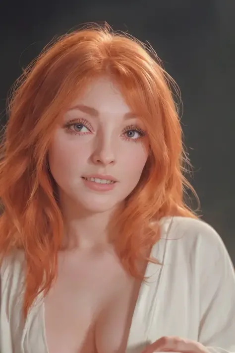 close up of a ginger woman in a stunning white robe, <lora:sh4rr0nt4t3:1>, in a dark medieval forest, foggy night, RAW, 8K, UHD, stunning eyes, natural skin, smiling:0.2