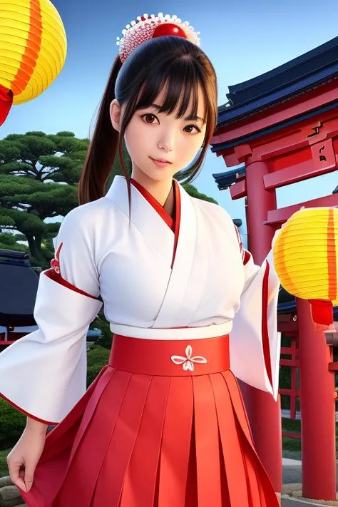 1girl (miko clothes, white sleeves, long scarlet skirt,many head accessories:1.5) (cute,solemn,bare face,big eyes:1.4) straight hear, black hair, long hair, ponytail, cowboy shot BREAK (dancing in shrine, in night, japanese paper lanterns in background :1.4) BREAK japanese, japanese idol, black eyes, (best quality, ultra high res, Realistic, RAW photo, real person, portrait photography, photorealistic, detailed skin, fair skin, beautiful detailed eyes) <lora:MikoClothes_v2_1:0.5>