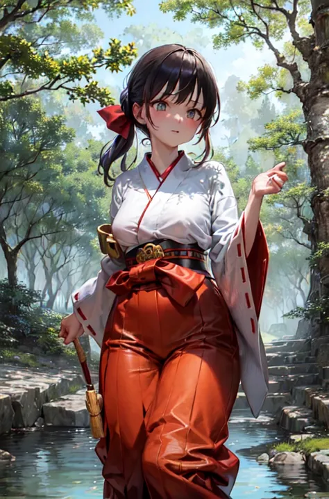 masterpiece, best quality, ultra-detailed, extremely detailed, illustration, (1girl:1.2), solo, miko clothes, long hakama, long sleeves, outdoors, walking in forest, ((stroll)), sunlight filtering through trees, enjoyful, comfortable, cozy, snug, relaxing, restful, pleasant, content, at ease, homely, easygoing, secure, connection, harmony, balance, texture, detail, realism, depth, perspective, composition, color, light, shadow, reflection, refraction, tone, contrast, foreground, middle ground, background, naturalistic, figurative, representational, impressionistic, expressionistic, abstract, innovative, experimental, unique, <lora:MikoClothes_v2_1:0.2>