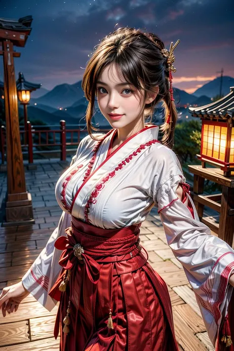 ultra realistic 8k cg, picture-perfect face, flawless, clean, masterpiece, professional artwork, famous artwork, cinematic lighting, cinematic bloom,
1girl, detailed skin, (beautiful  girl), perfect face, (young:1.1), ((fit figure)), ((20 year old)), beautiful face, beautiful blude eyes, detail eyes, detail face, (((perfect female body, narrow waist))), (large breasts:1.2), 
outdoors, night, miko clothes, detached sleeves, hakama skirt, smiling, dancing, hair ornament
<lora:more_details:1> <lora:MikoClothes_v2_1:0.7>